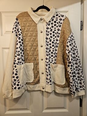 Charming Charlie Leopard Waffle Quilted Patchwork Button Front Jacket